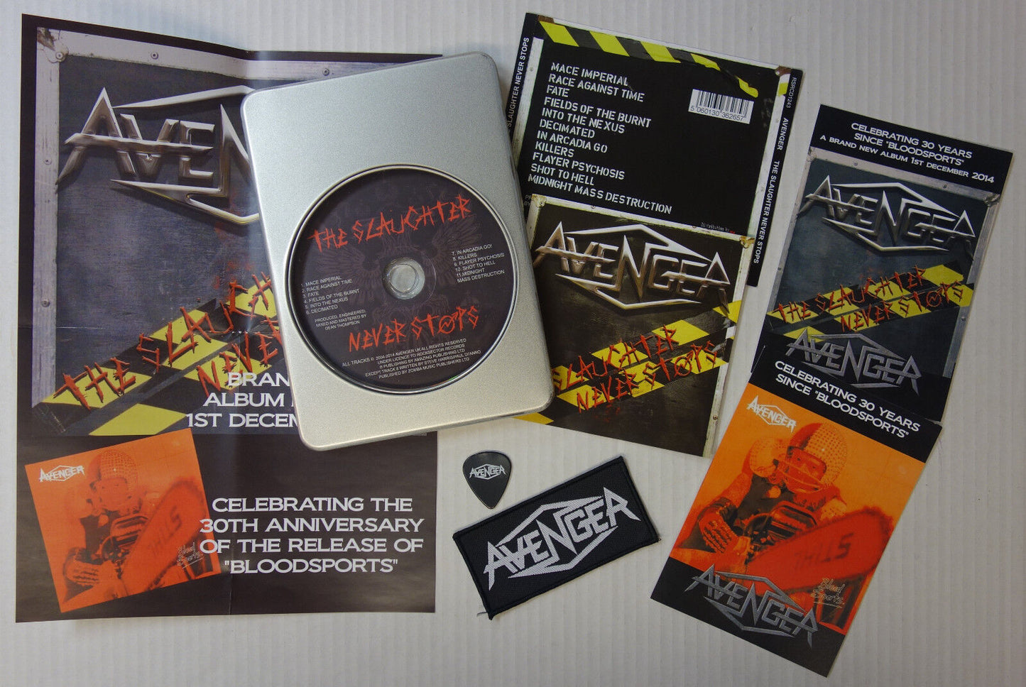Avenger - The Slaughter Never Stops CD 2014  Fan Pack Metal Box + Plectrum+Patch
